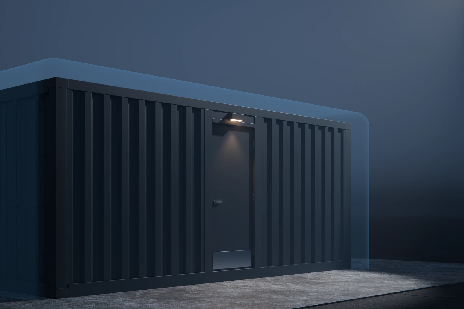A generic Centurion Sentinel Series ISO container at night, a single lamp lit above its door, with a faint outline drawn around its shielded envelope.