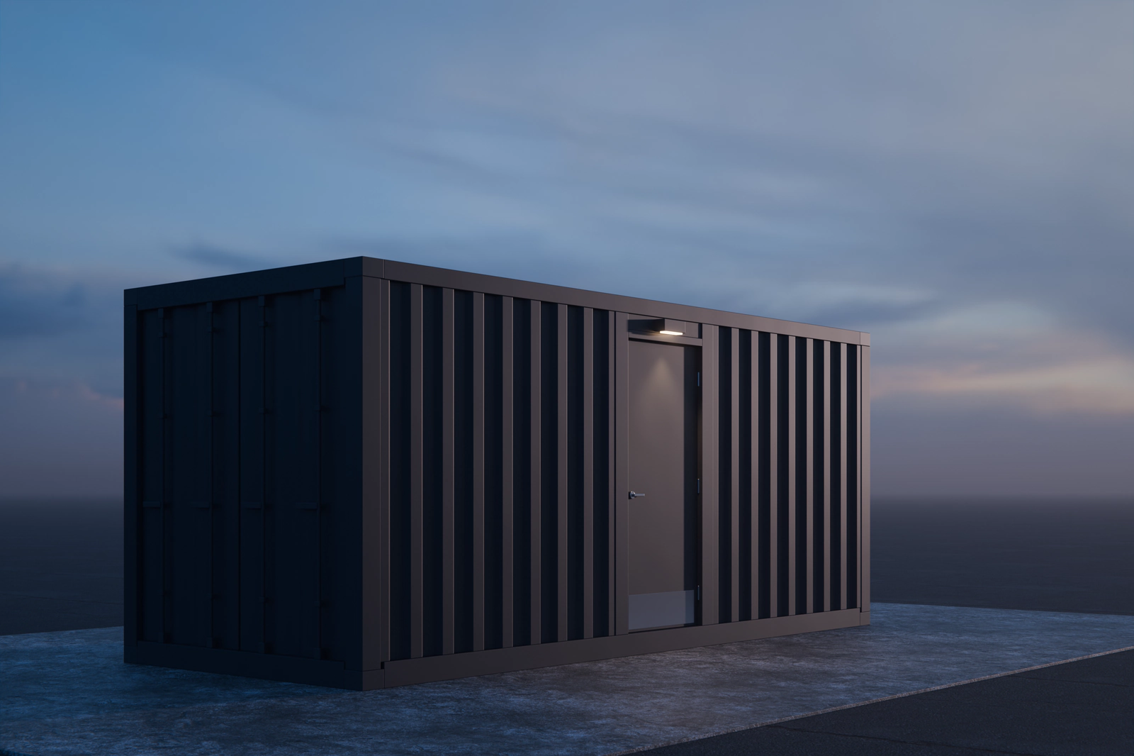 A generic Centurion Sentinel Series containerized SCIF on a concrete pad, its door closed.
