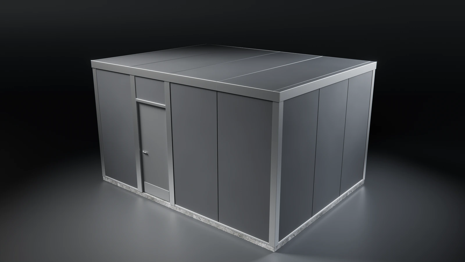 A generic Vault Series room, fully assembled from modular wall panels, with its door closed.